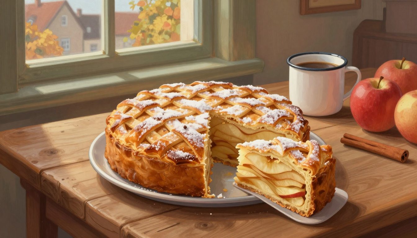 Illustration: angeschnittener Apfelkuchen mit goldbraunem Teiggitter und Puderzucker, daneben Kaffeetasse, rote Äpfel und eine Zimtstange