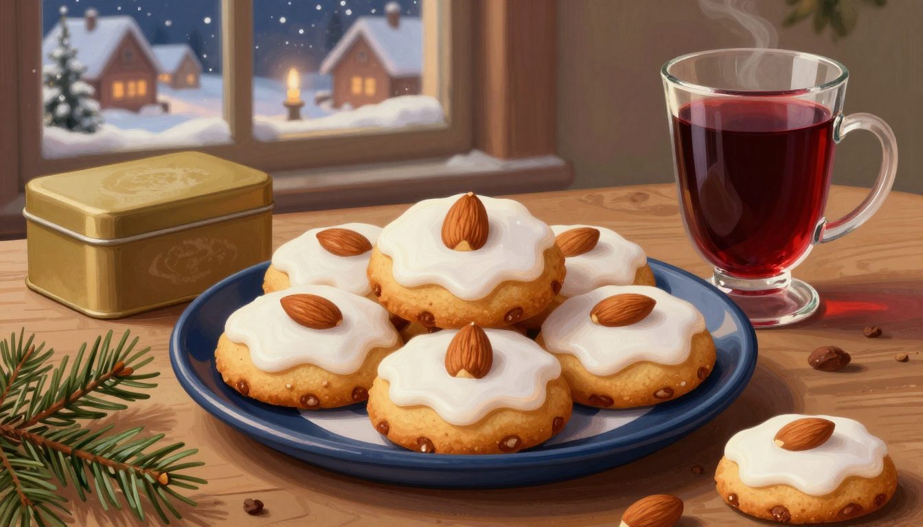 Illustration: nussige Lebkuchen mit weißer Zuckerglasur und je einer ganzen Mandel auf einem blauen Emailleteller, daneben ein Glas Glühwein